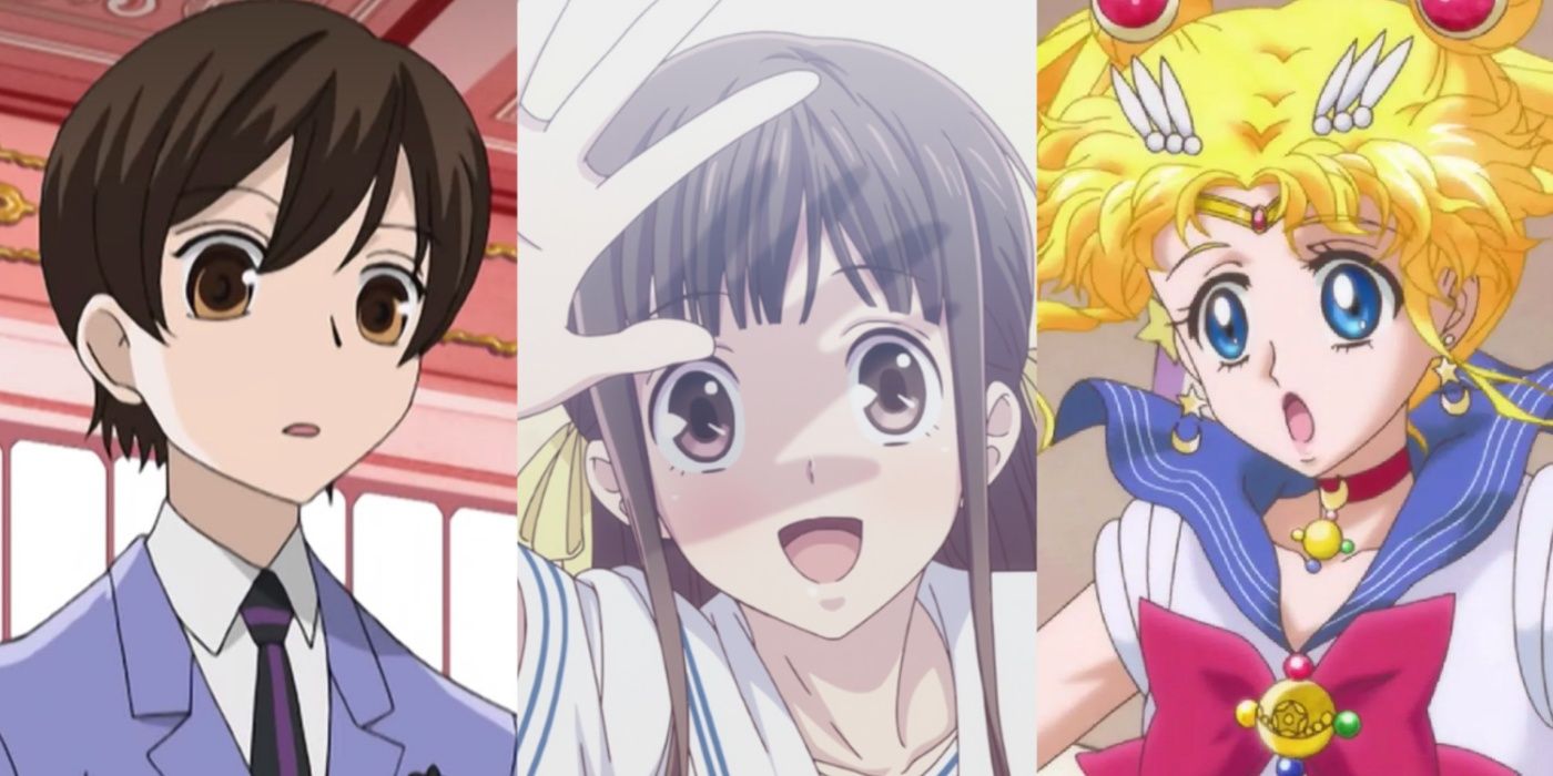 A split image of stills from Ouran High School Host Club, Fruits Basket, and Sailor Moon