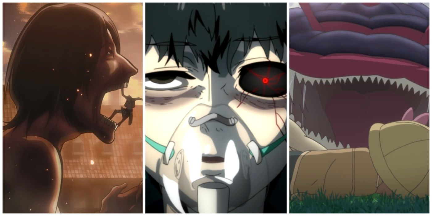 A split image of the first episodes of Attack on Titan, Tokyo Ghoul, and Made in Abyss