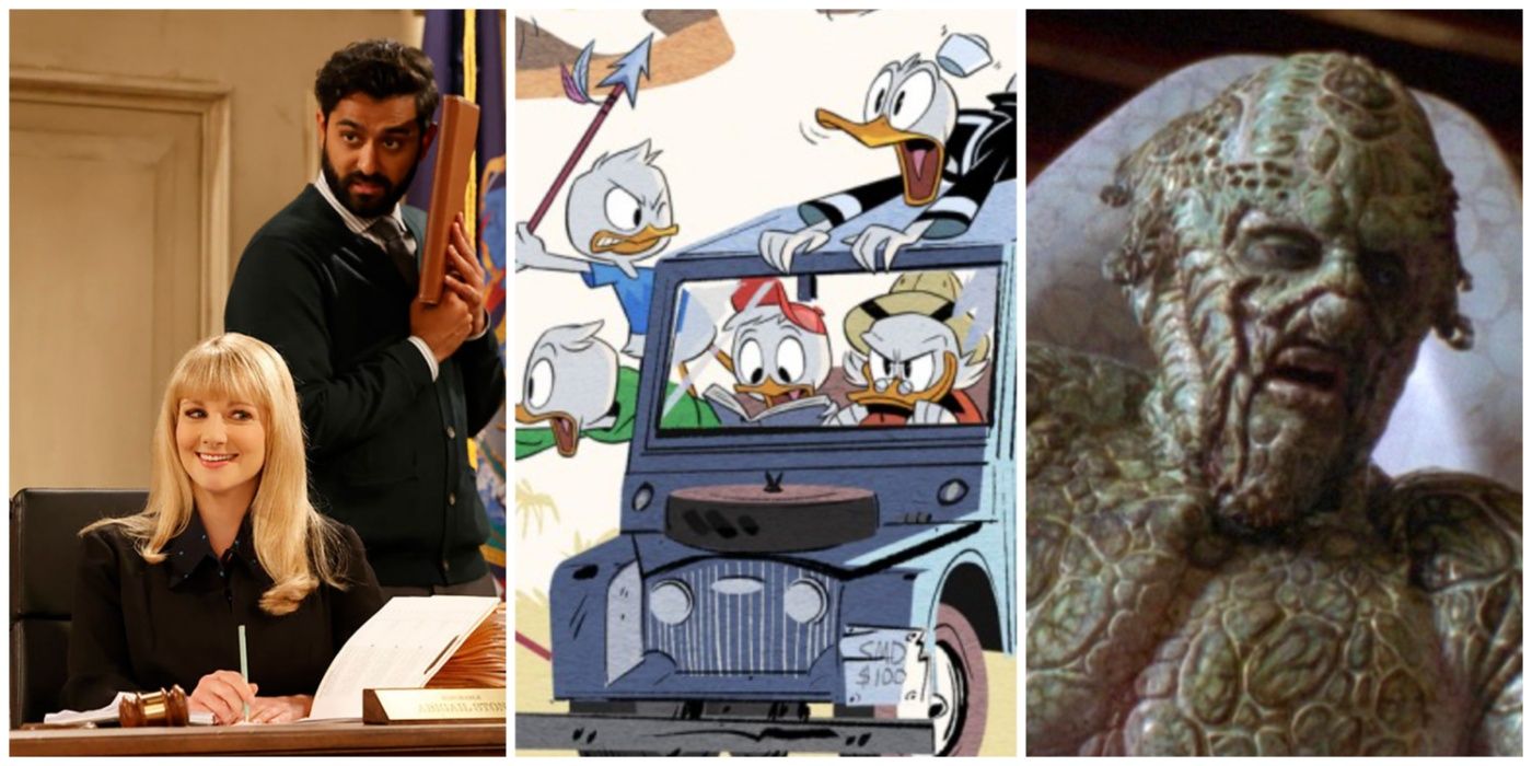 A split image of the revivals of Night Court, DuckTales, and The Outer Limits