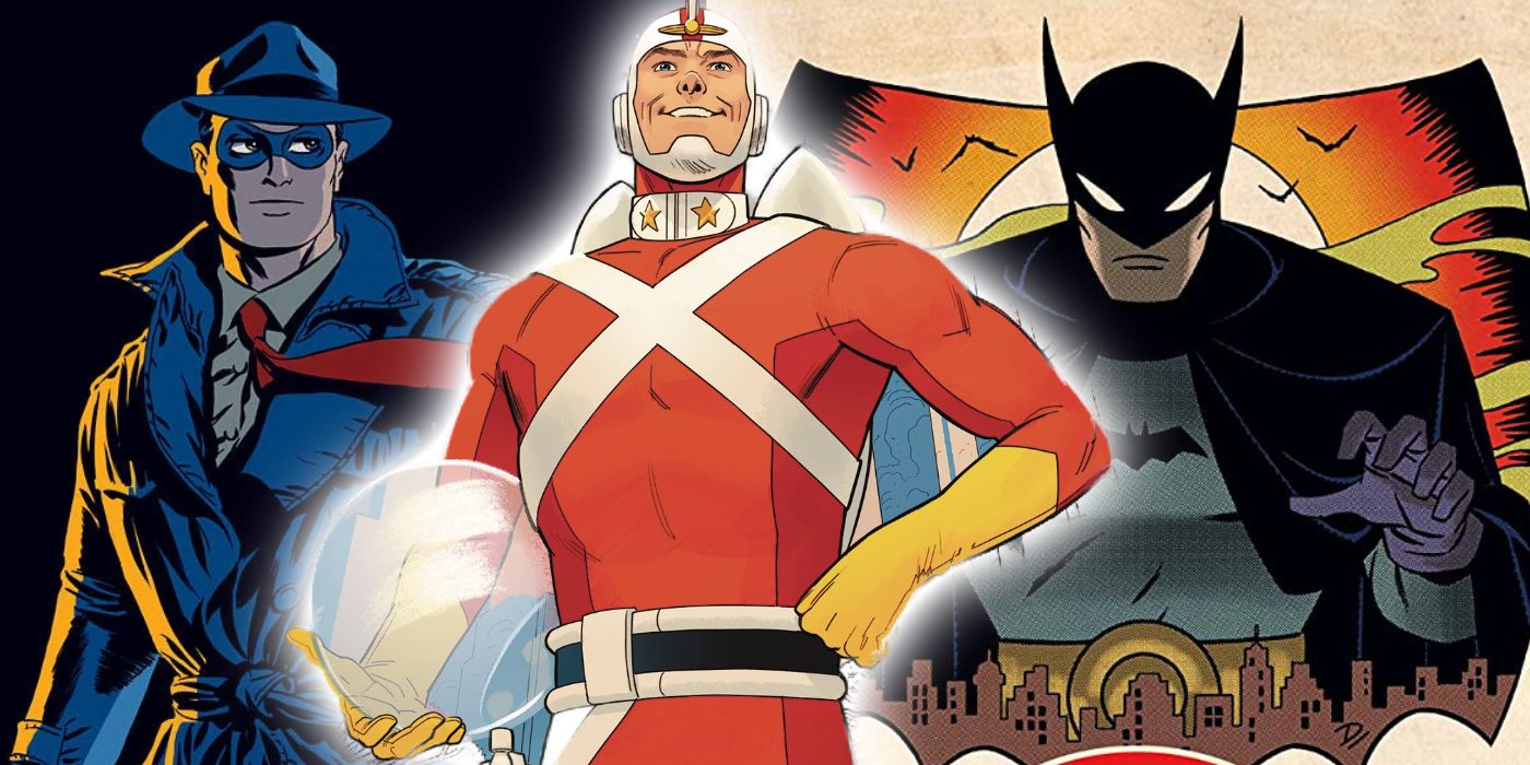 A split image of three DC heroes; The Spirit, adam savage, and batman