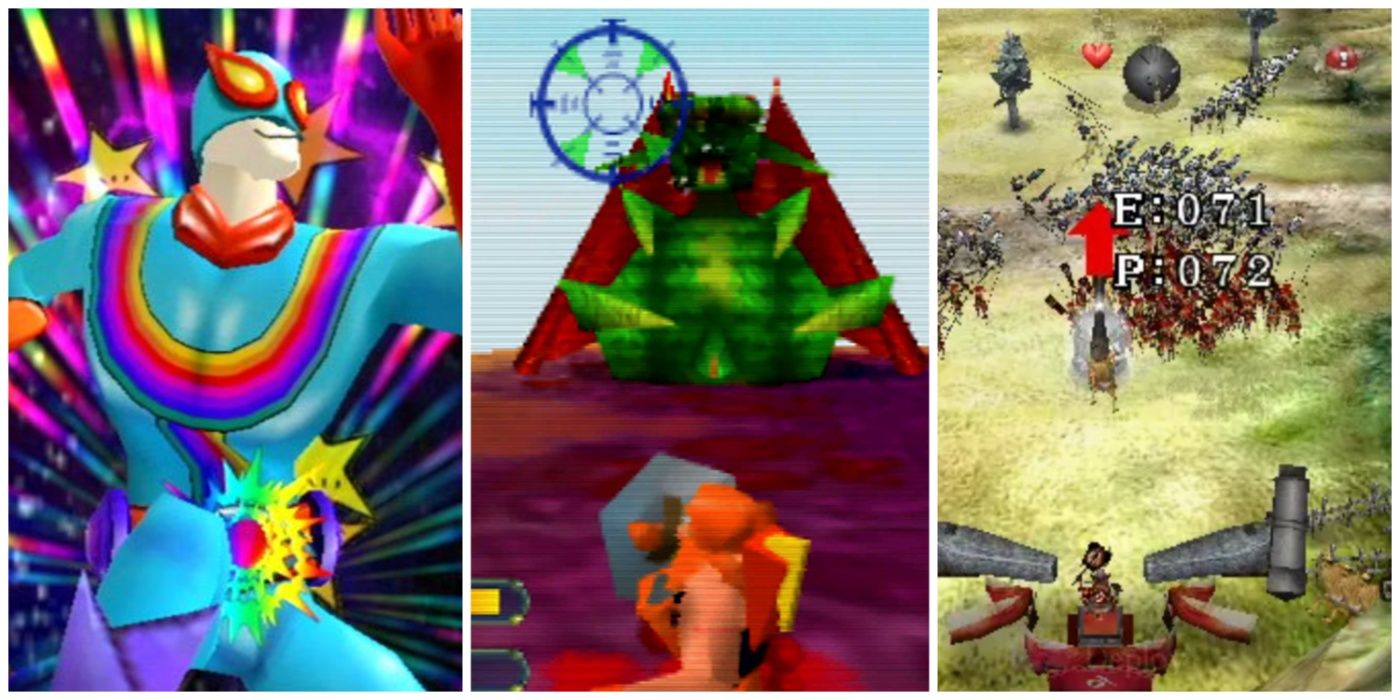 A split image of Wii's Captain Rainbow, N64's Body Harvest, and GameCube's Odama