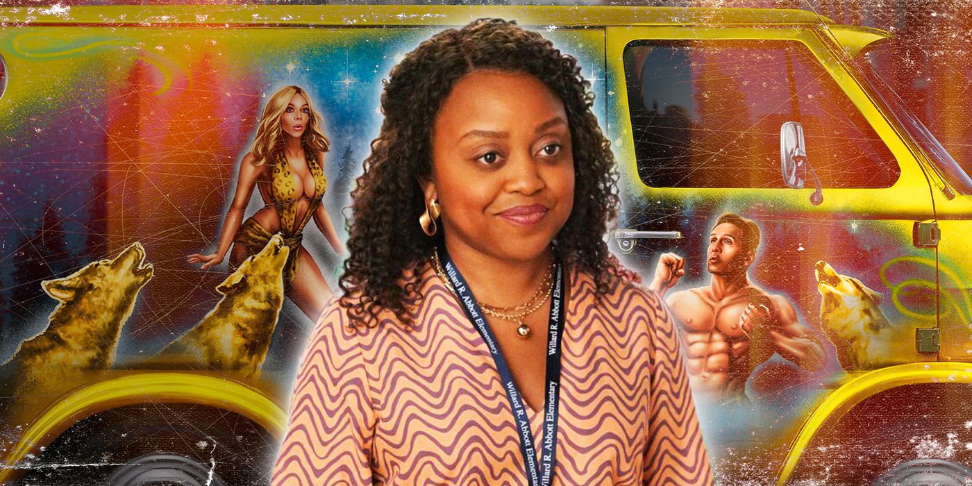 Quinta Bunson's Janine Teagues from Abbott Elementary in front of It's Always Sunny in Philadelphia's Season 16 Poster Van