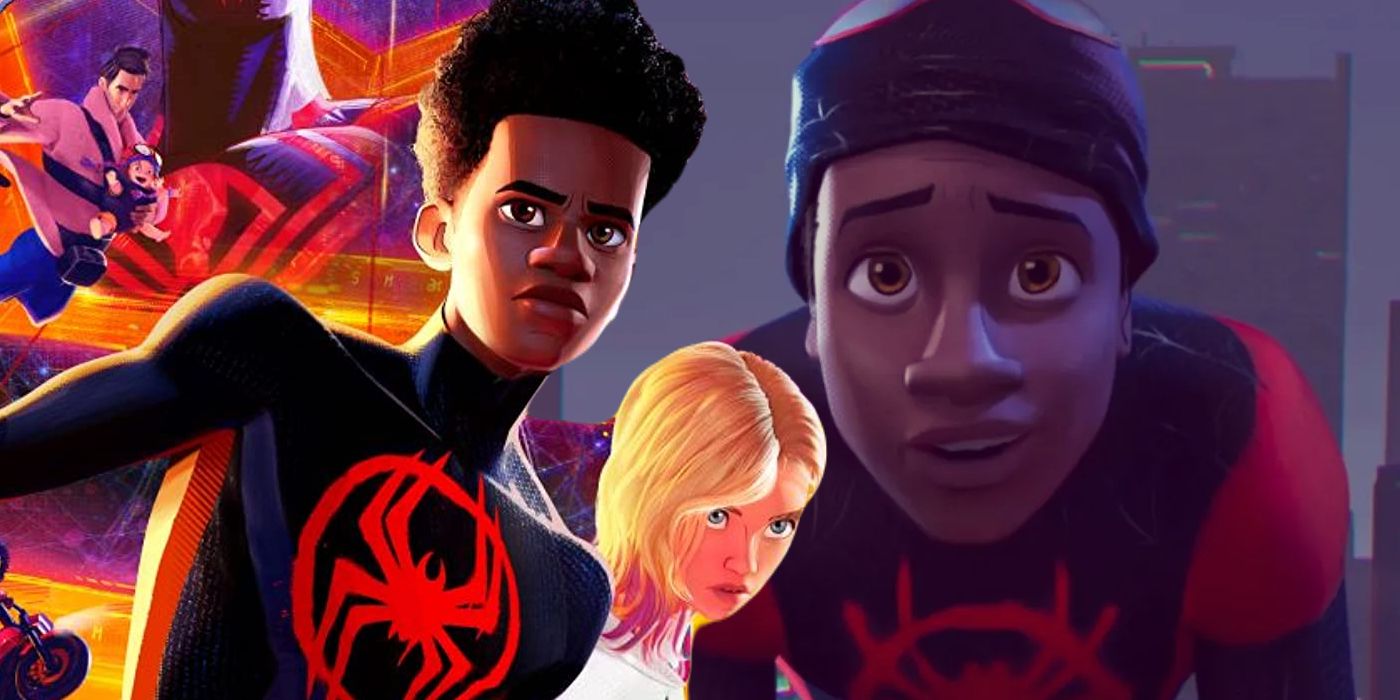 Uma imagem dividida de Across the Spider-Verse postada com Miles e Gwen Stacy, e Miles Morales em Into the Spider-Verse