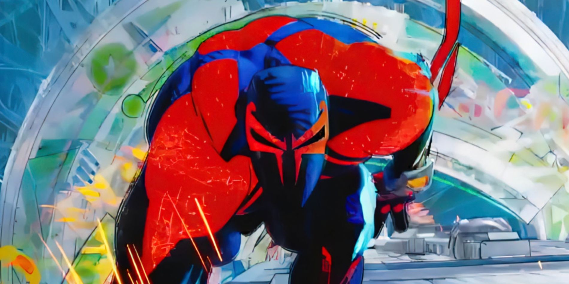 Spider-Man 2099 leaps into action in Spider-Man: Across the Spider-Verse.