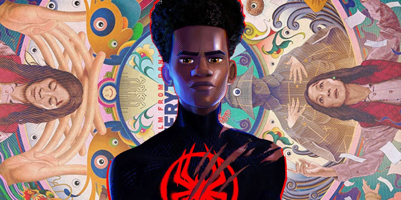 Across the Spider-Verse's Miles Morales with Everything Everywhere All at Once's poster in the background