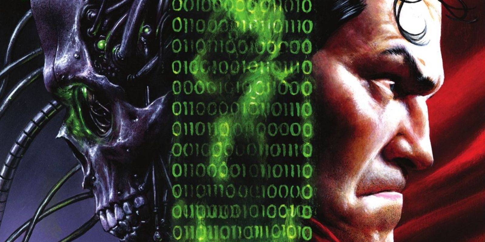 the visages of metallo and superman back-to-back with a column of binary code between them