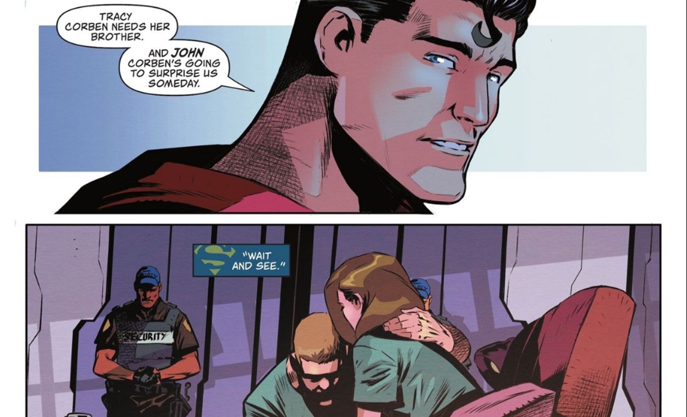 superman observando que metallo vai ser um herói um dia enquanto ele consola sua irmã