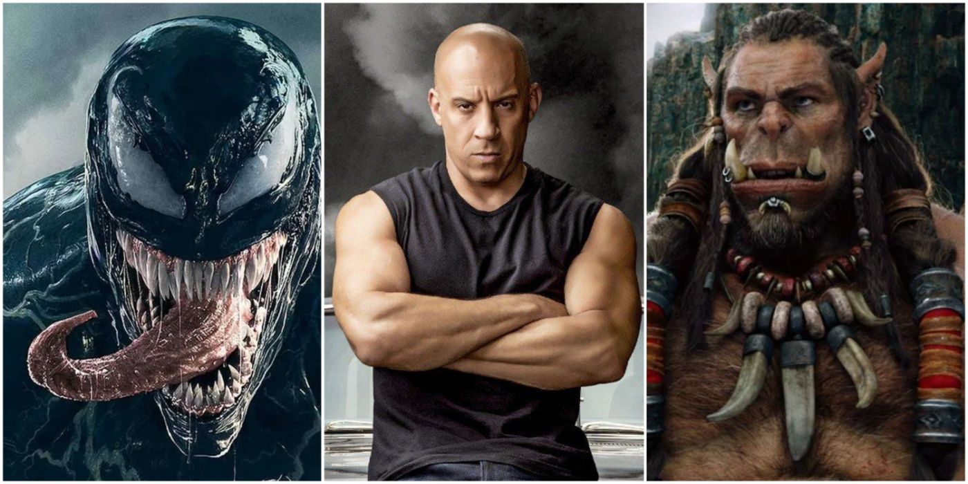 A split image showing Venom, Vin Diesel in Fast and Furious, and Warcraft movie