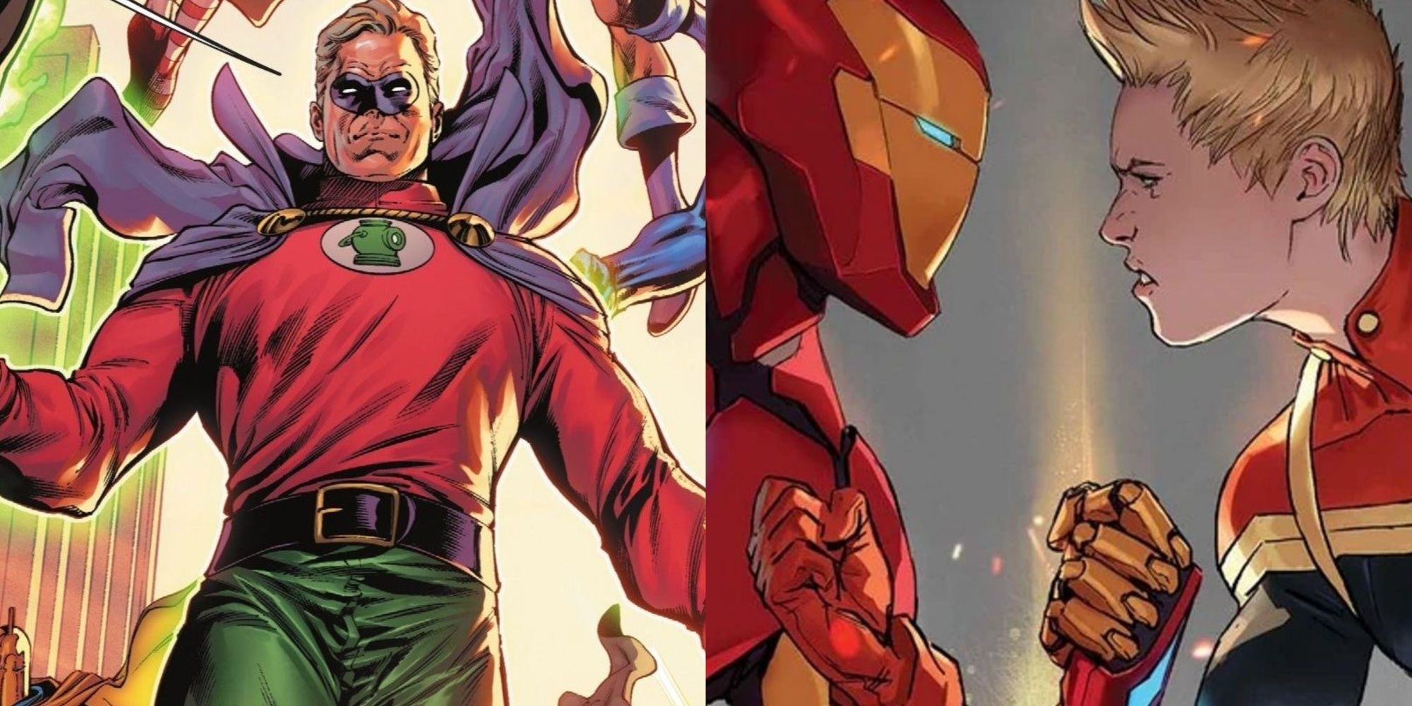 A split image of Alan Scott leading the JSA in Dark Crisis and Iron Man Captain Marvel