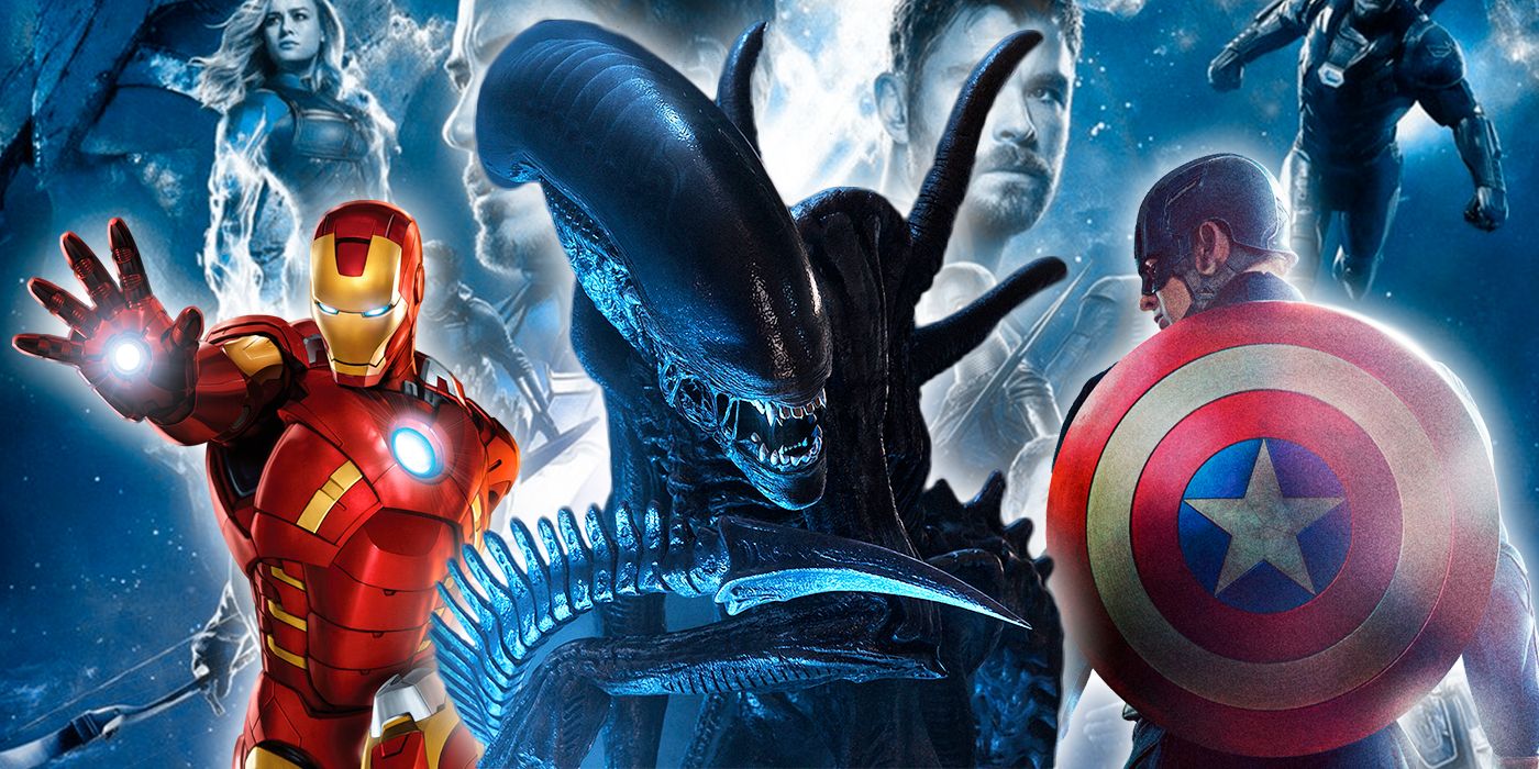 Alien in front of characters from the Marvel Cinematic Universe