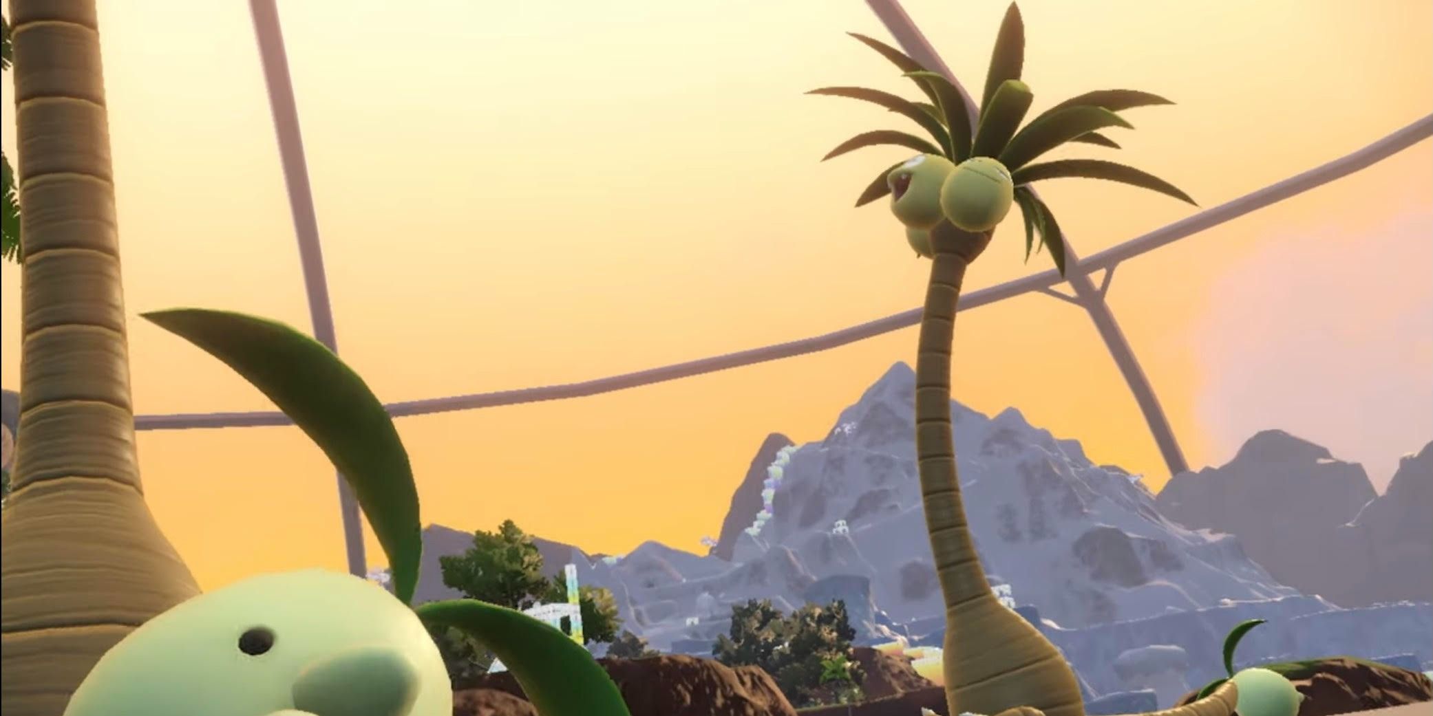 Alolan Exeggutor como mostrado no trailer Nintendo Direct de junho de 2023 para Pokemon Scarlet e Violet's DLC