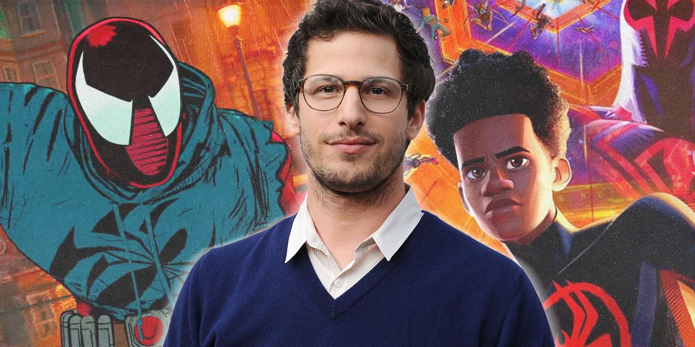 Andy Samberg in front of image of Ben Reilly and Miles Morales from Across the Spider-Verse