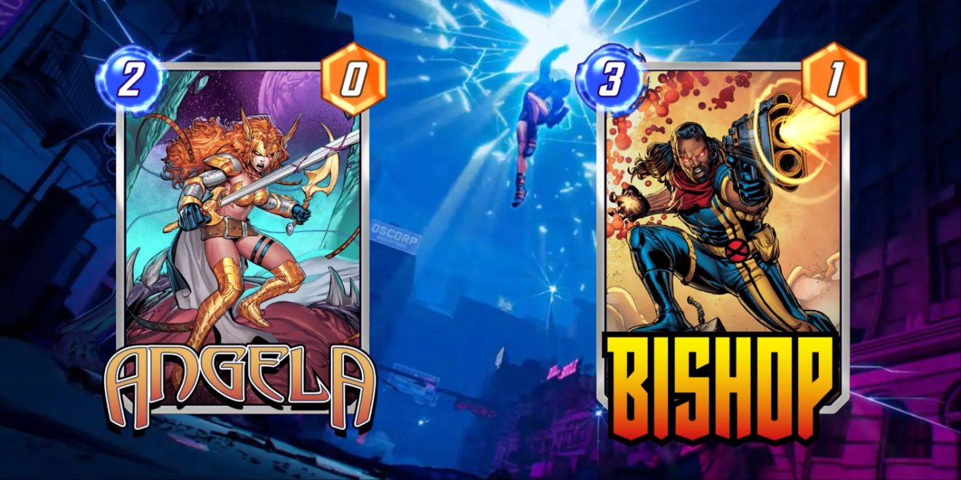 Cartões Marvel Snap de Angela e Bishop contra o fundo da arte promocional