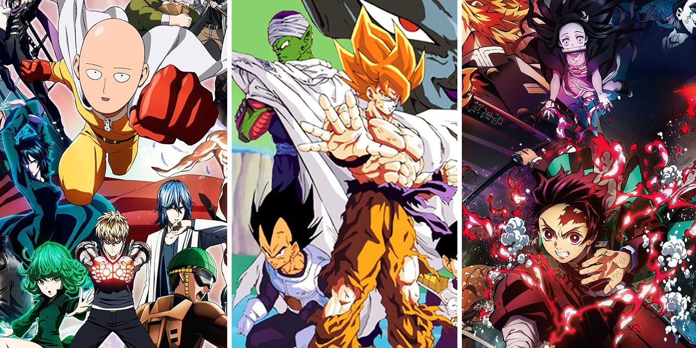 split image: Posters for One Punch Man, Dragon Ball Z and Demon Slayer anime