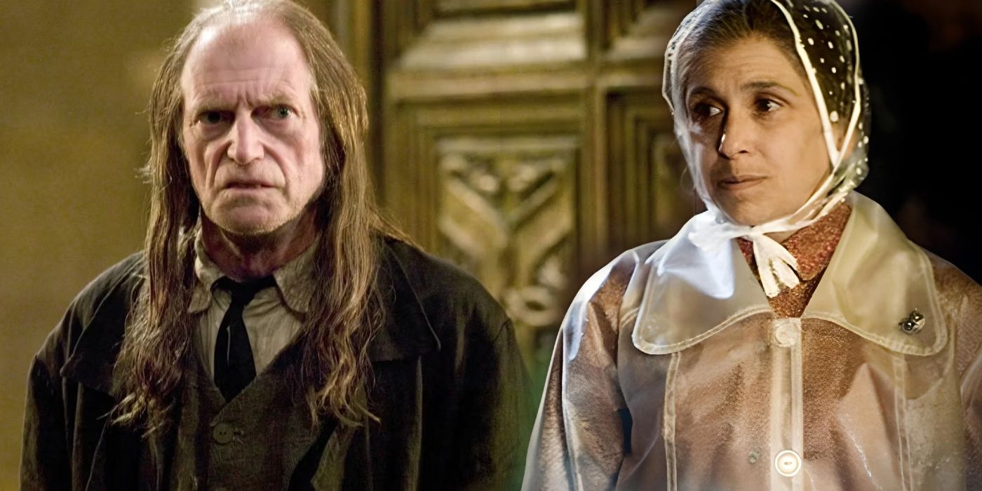 Argus Filch, played by David Bradley, next to Mrs. Figg, played by Kathryn Hunter in Harry Potter