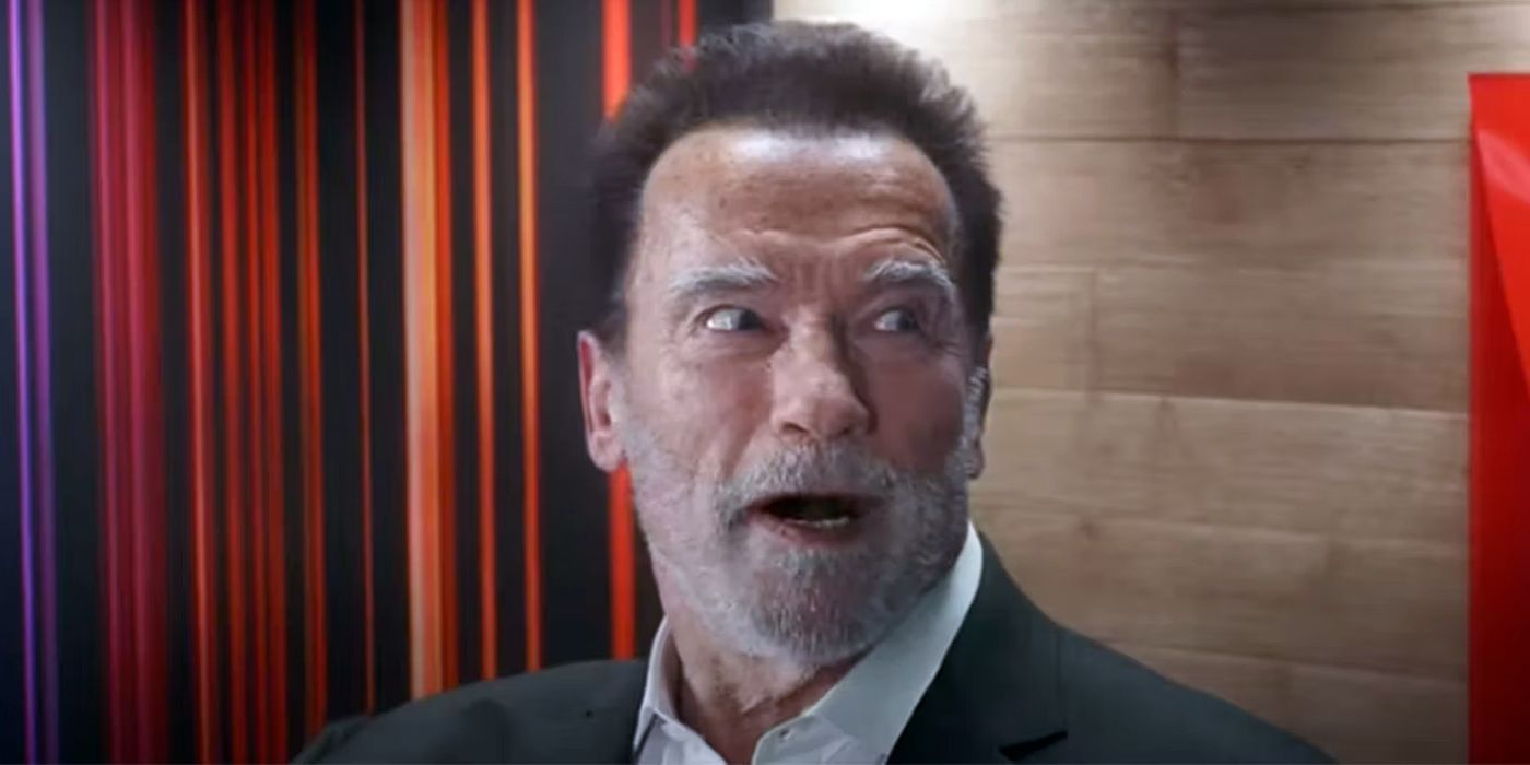 Arnold Schwarzenegger has an excited expression on his face as his pitches Chris Hemsworth ideas for an Extraction 3.