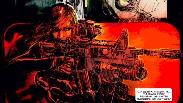 As Black Widow looks through a sniper scope, a caption notes Natasha’s infertility