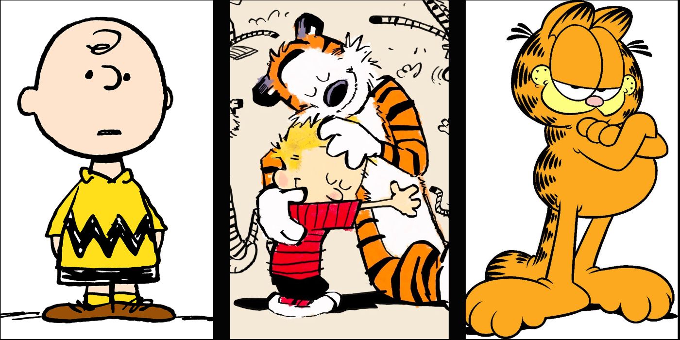 Charlie Brown, Calvin & Hobbes, and Garfield in a three-split image