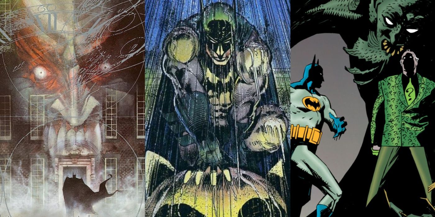 Split image of cover art for Batman: Arkham Asylum; Gothic; and Dark Knight, Dark City.