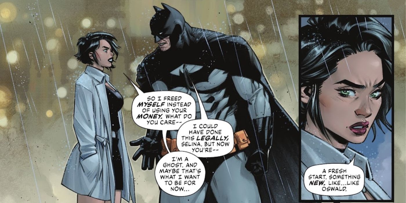 Batman and Catwoman argue over their different ethics.