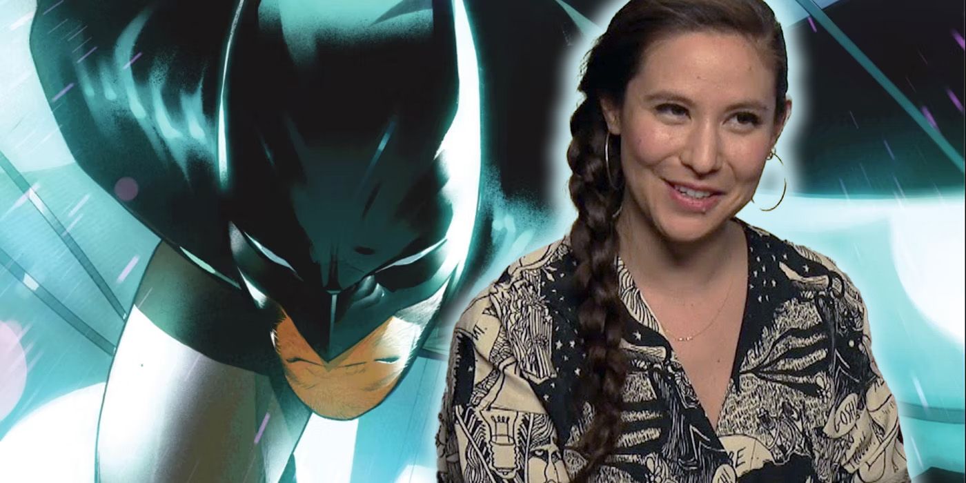 DC screenwriter Christina Hodson to the right of an image of Batman.