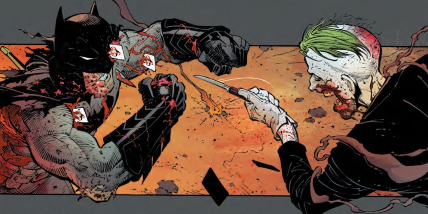 Batman and the Joker locked in gruesome combat in Endgame in DC Comics