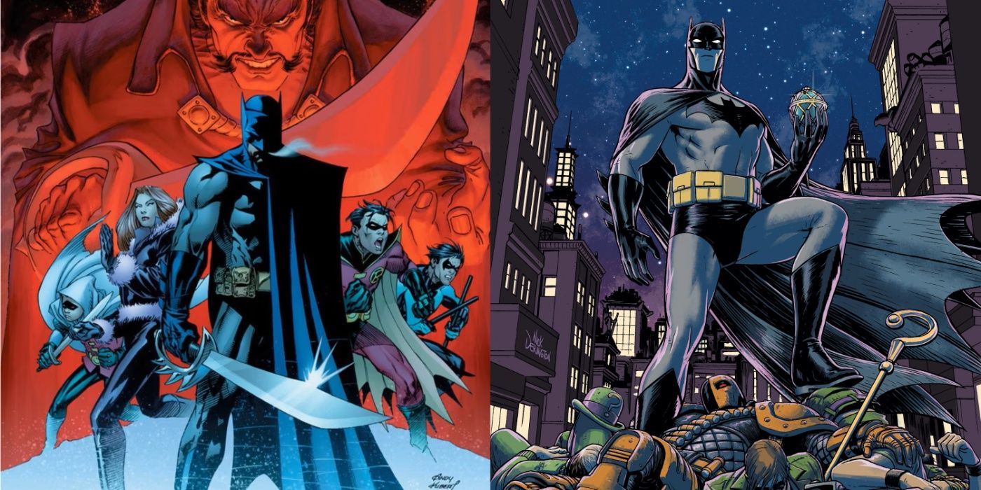 Split image of Batman in cover art for The Resurrection of Ra's al Ghul and Universe.