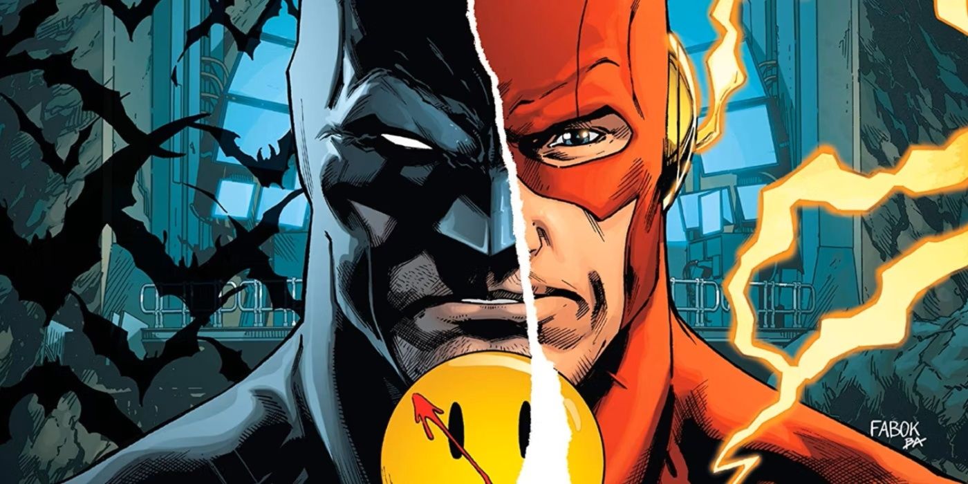 Batman and the Flash holding the Watchmen button in the Batcave in DC Comics