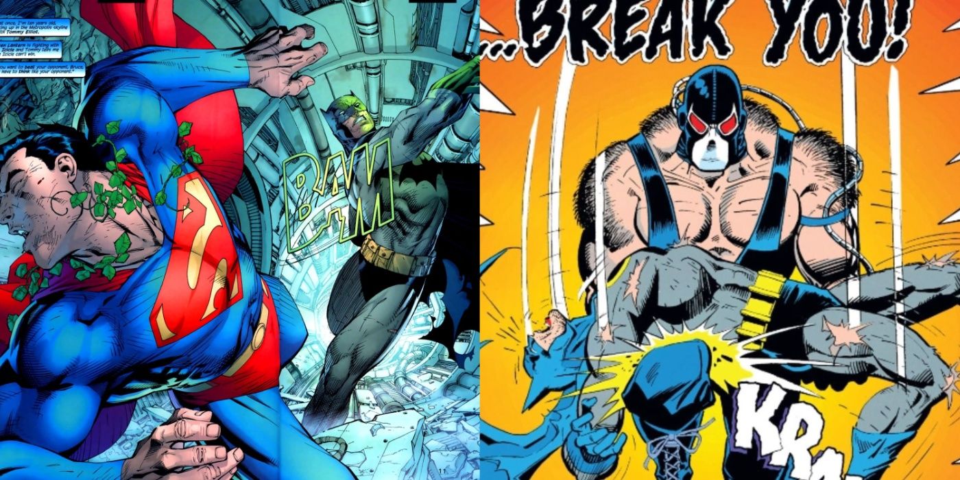 Split image of Batman fighting Superman in Hush and Bane in Knightfall.