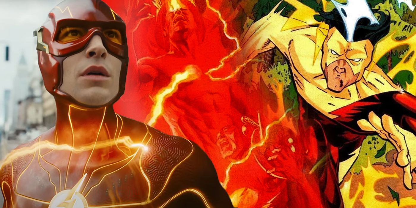 Ezra Miller as The Flash with alternate comic versions in the background
