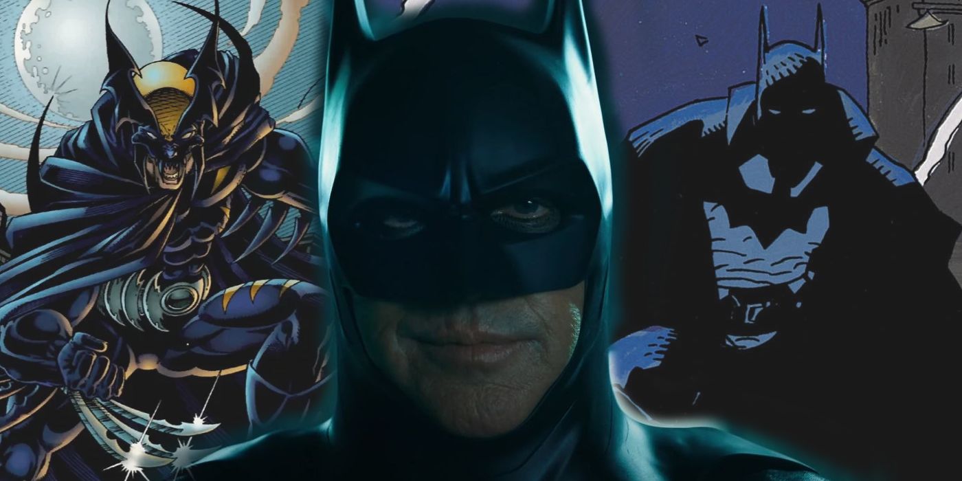 Michael Keaton's Batman from The Flash movie with Amalgam Comics' Dark Claw and Gotham by Gaslight's Batman in the background
