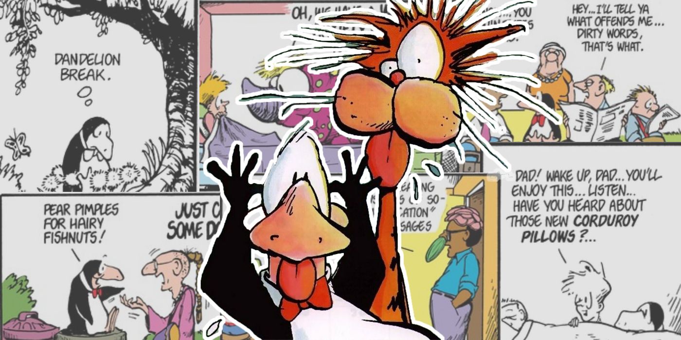 Bill and Opus in front of a collage of Bloom County comics