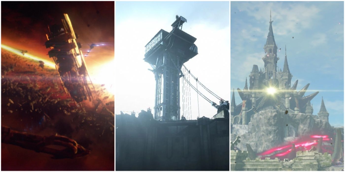 A split image of the Collector Base (Mass Effect 2), Kingsparrow Island (Dishonored), and Hyrule Castle (Breath of the Wild)