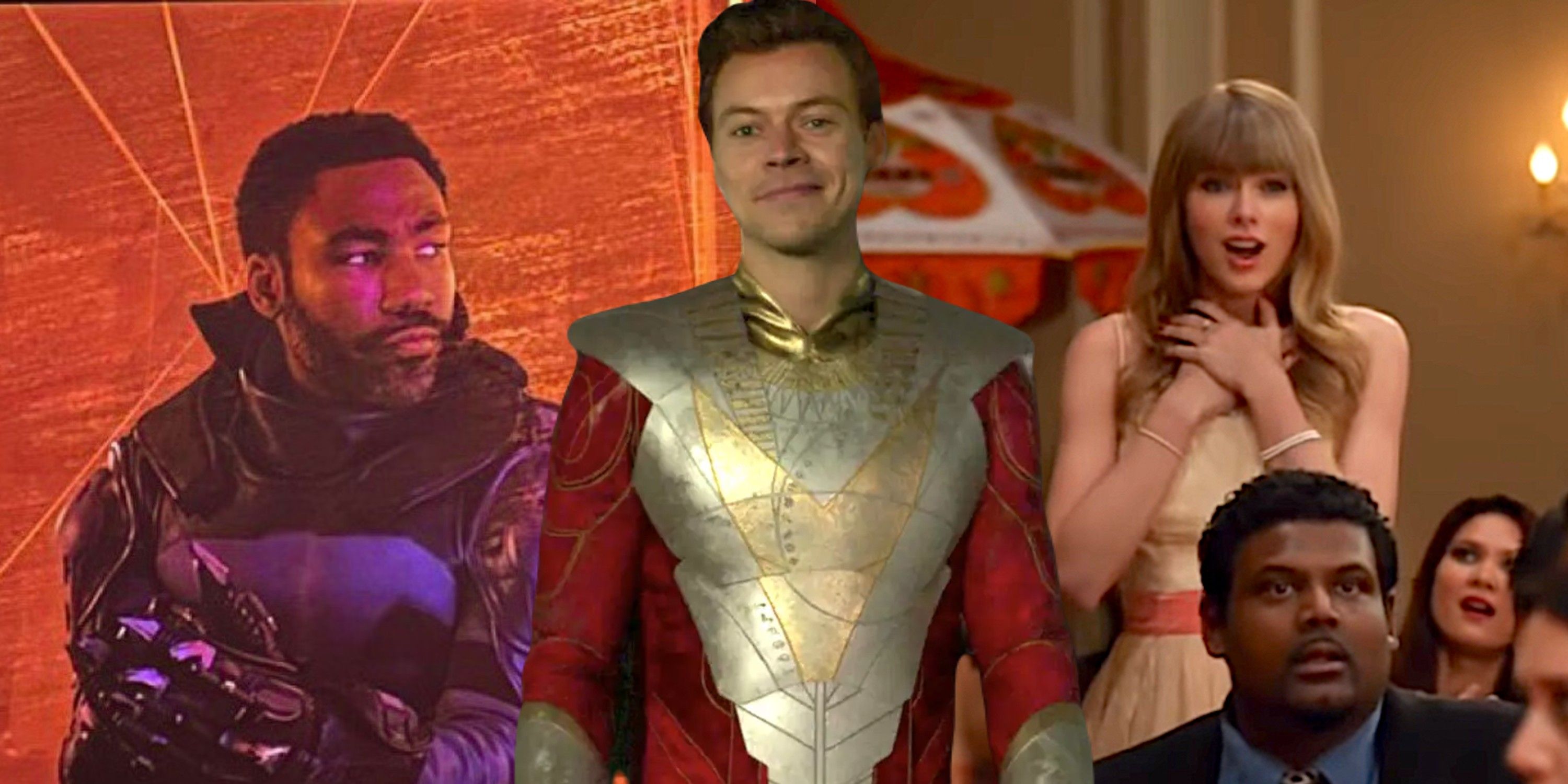 Mixed Image of Donald Glover in Spiderverse 2, Harry Styles in Eternals, & Taylor Swift in New Girl