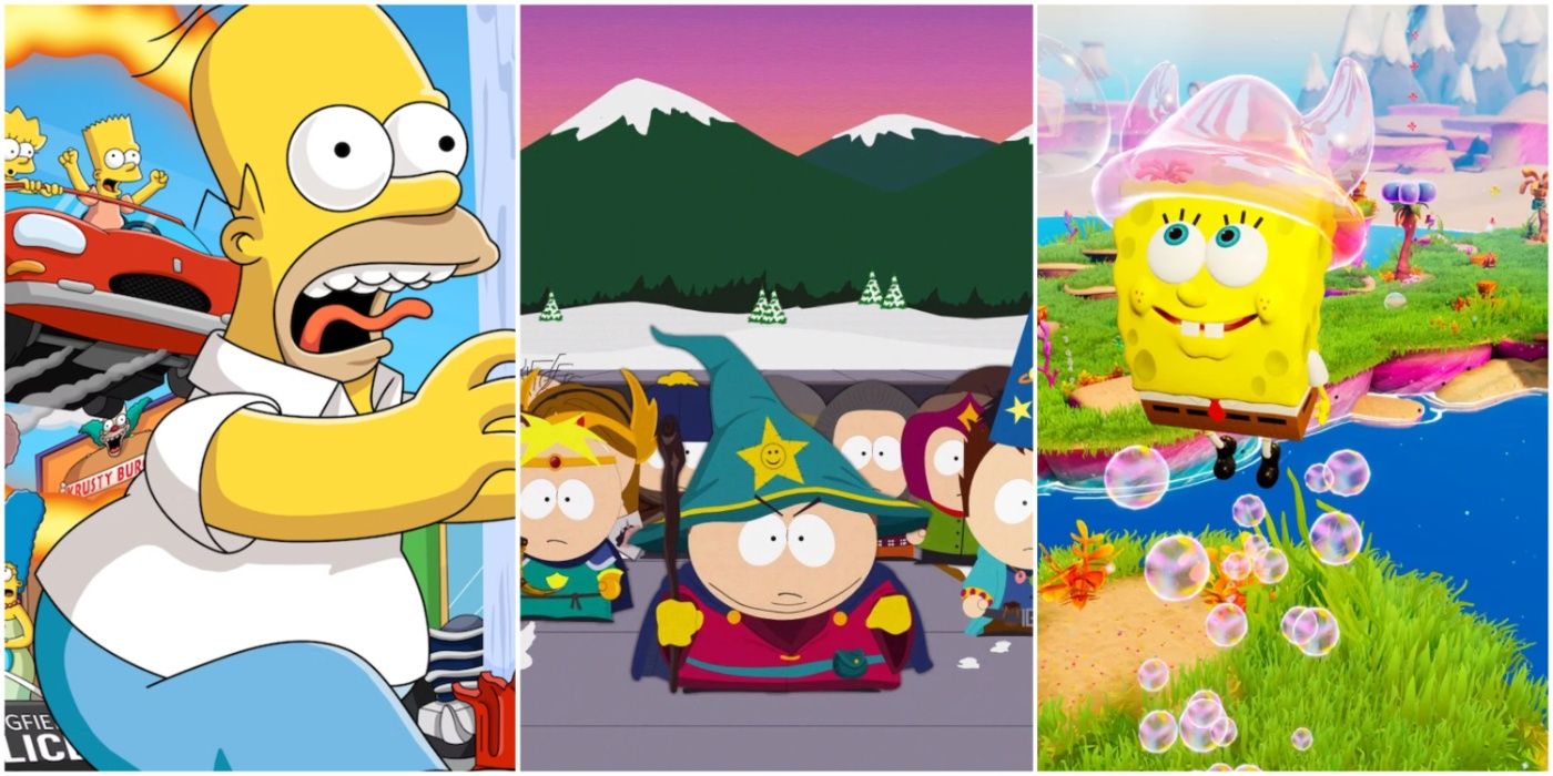 A split image showing The Simpsons: Hit and Run, South Park: The Stick of Truth, and Spongebob Squarepants: Battle for Bikini Bottom
