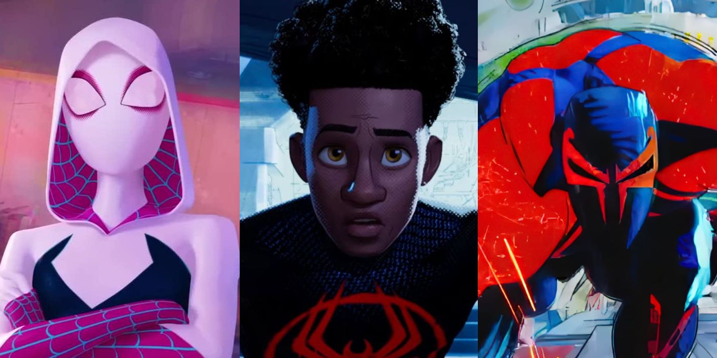 Split Image: Spider-Gwen (Hailee Steinfeld), Miles Morales (Shameik Moore), and Spider-Man 2099 (Oscar Isaac) in Spider-Man: Across the Spider-Verse