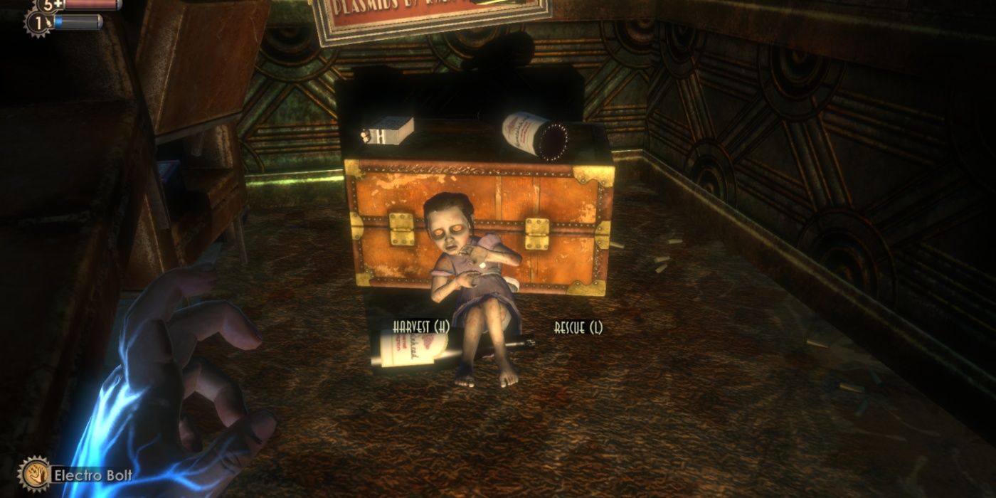 Uma Little Sister se encolhendo diante do jogador em BioShock.