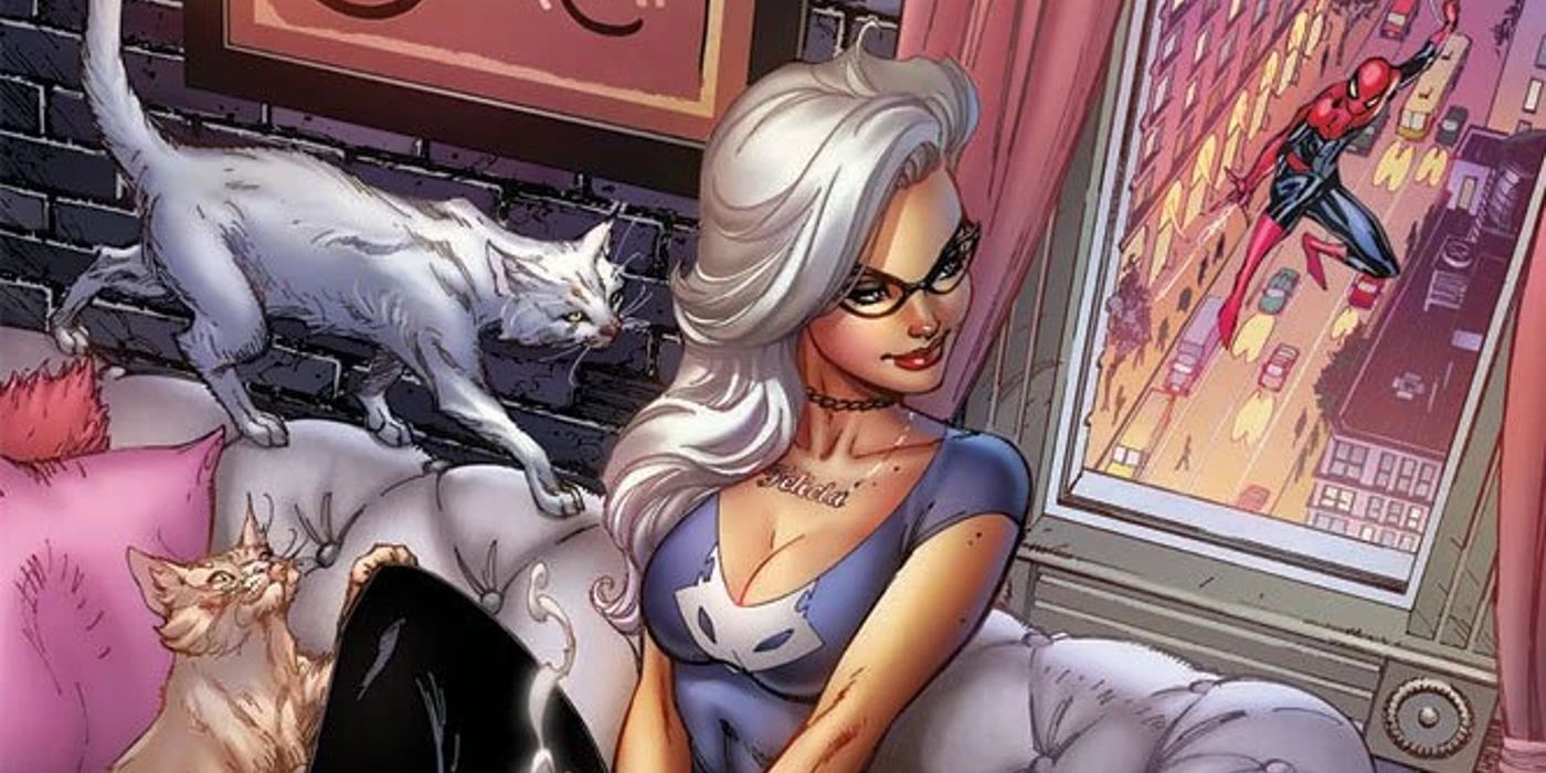 felicia hardy on her couch surrounded by cats as she watches spider-man swing by her window