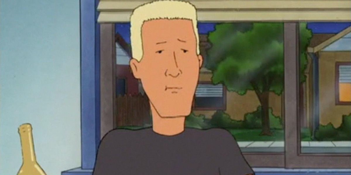 A still from King of the Hill Season 8 shows Boomhauer stood by a window