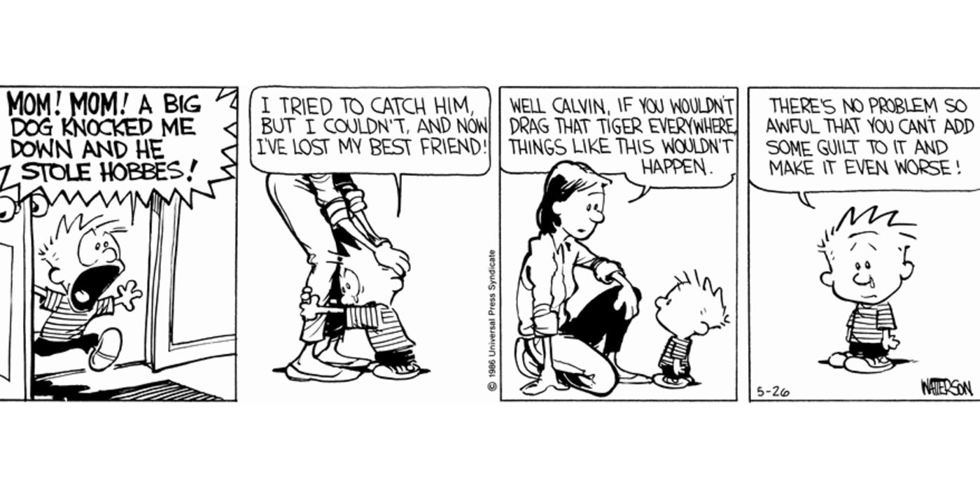 Calvin crying to his mom after a dog stole Hobbes