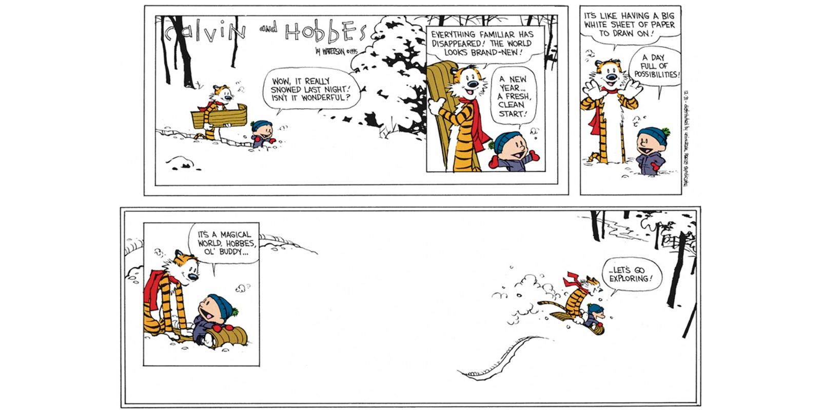 Calvin and Hobbes final comic strip where they sled off to go exploring