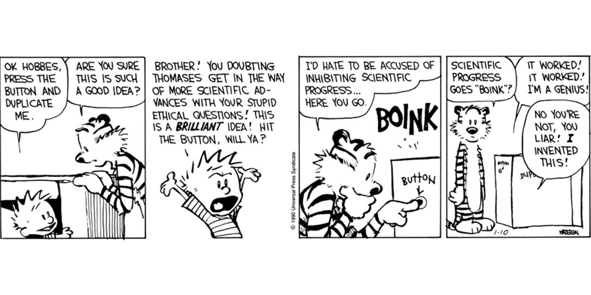 Uma história em quadrinhos de Calvin e Hobbes mostra Hobbes pressionando um botão no Duplicador, uma invenção de Calvin.