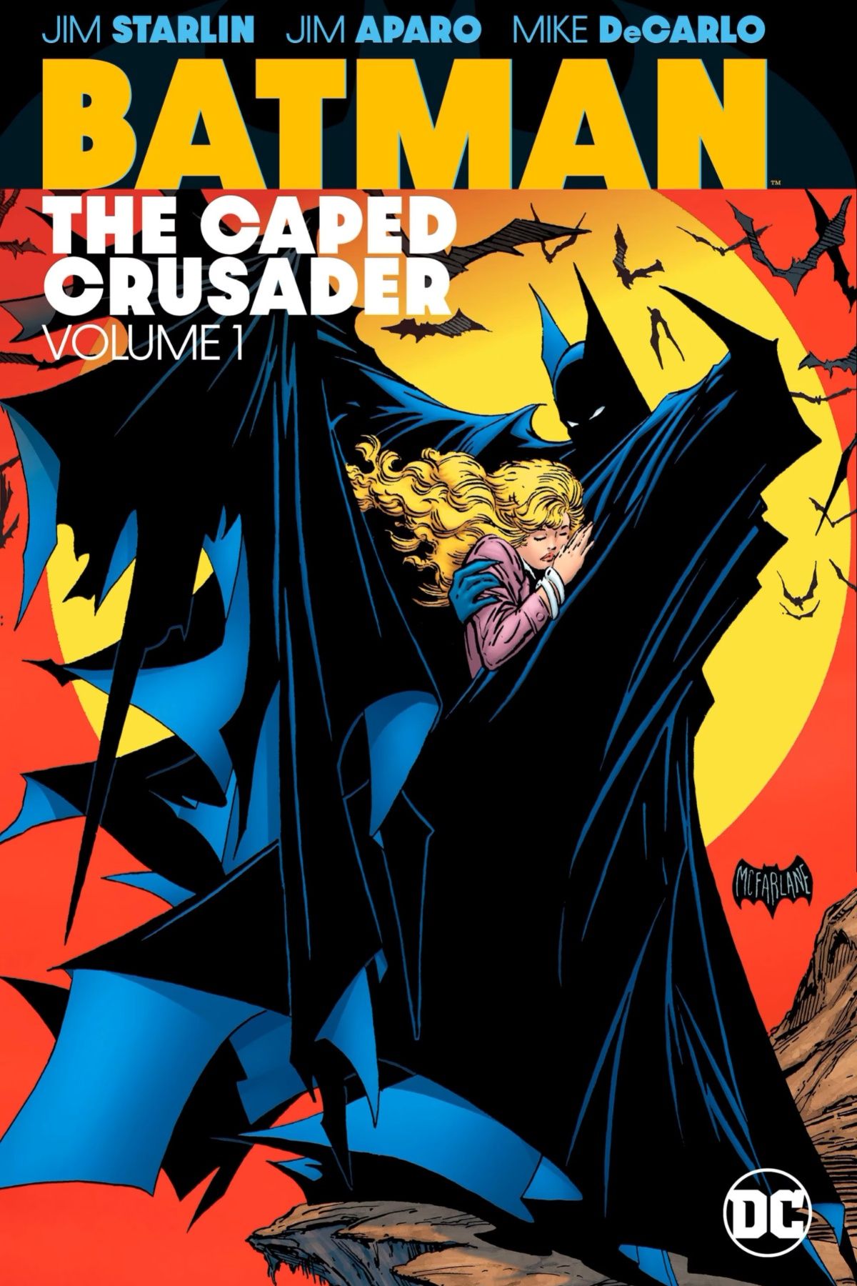 Batman holding a woman in his billowing cape in cover art for The Caped Crusader Vol. 1.