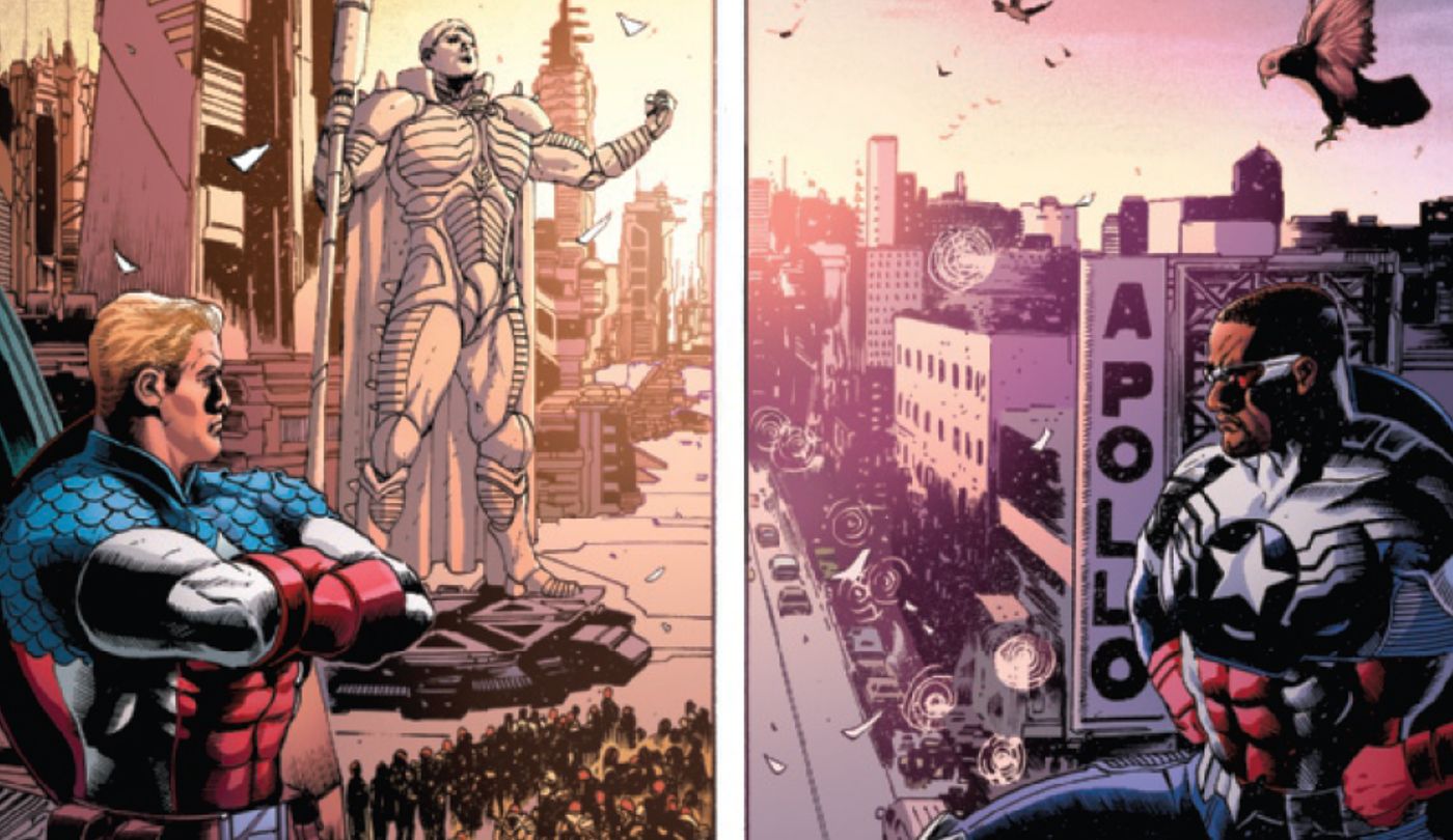 steve rogers olhando para a paisagem da Dimension Z enquanto Sam Wilson olha para NYC