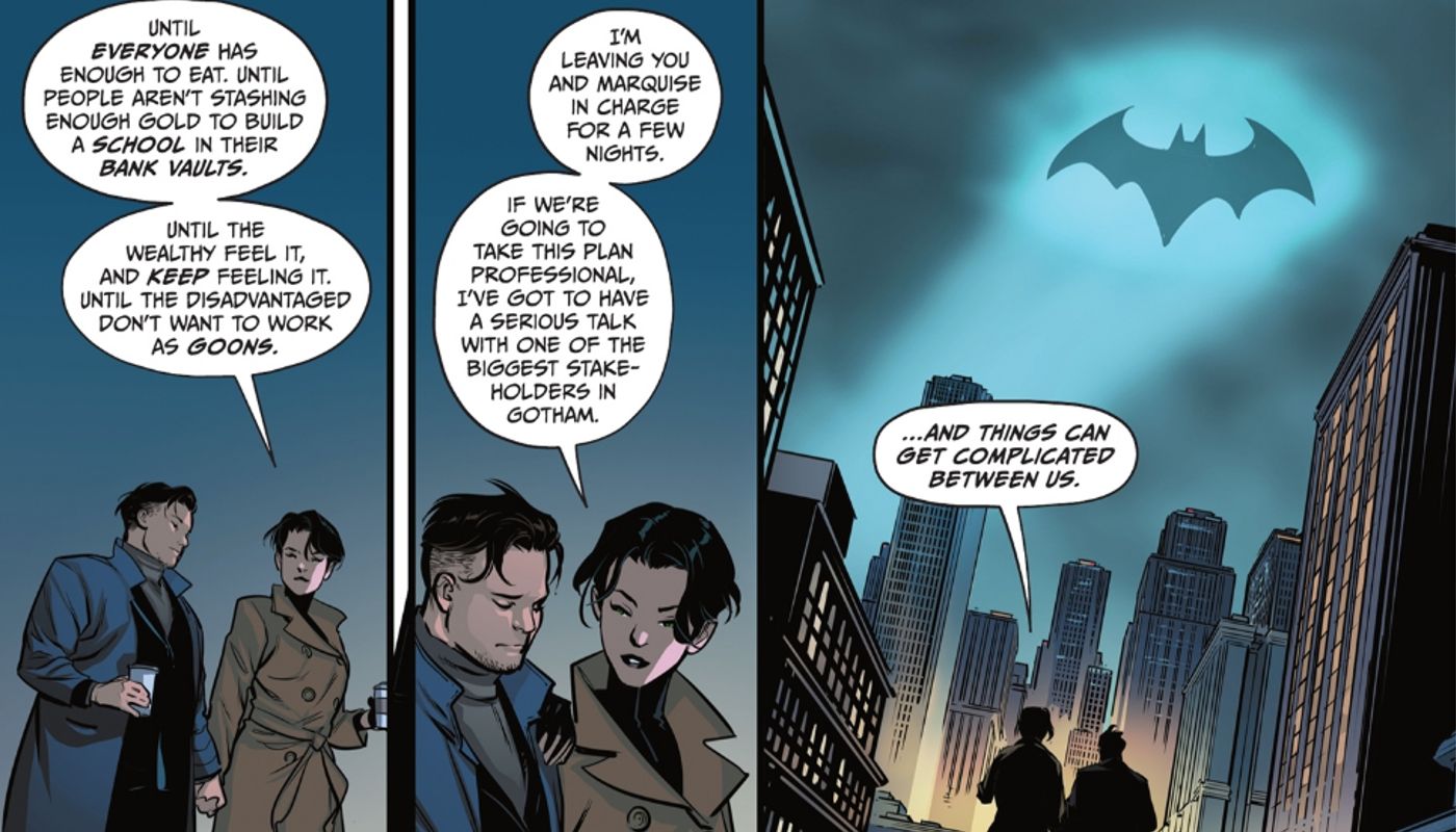 Selina Kyle expressando sua hesitação em discutir seu plano para salvar Gotham com Batman