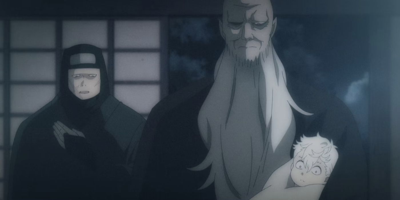 Chief of Iwakagure holding baby Gabimaru in a flasback in Hell's Paradise