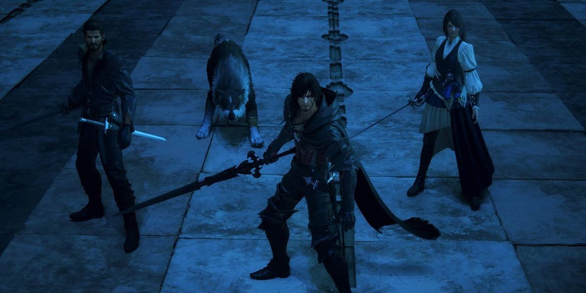 Cid, Torgal, Clive, and Jill are prepared to fight in Final Fantasy XVI