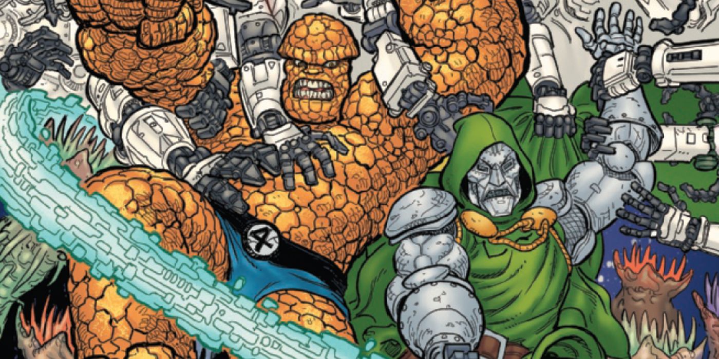 the thing and doctor doom fighting an army of robotic assailants on the cover of clobberin time #4