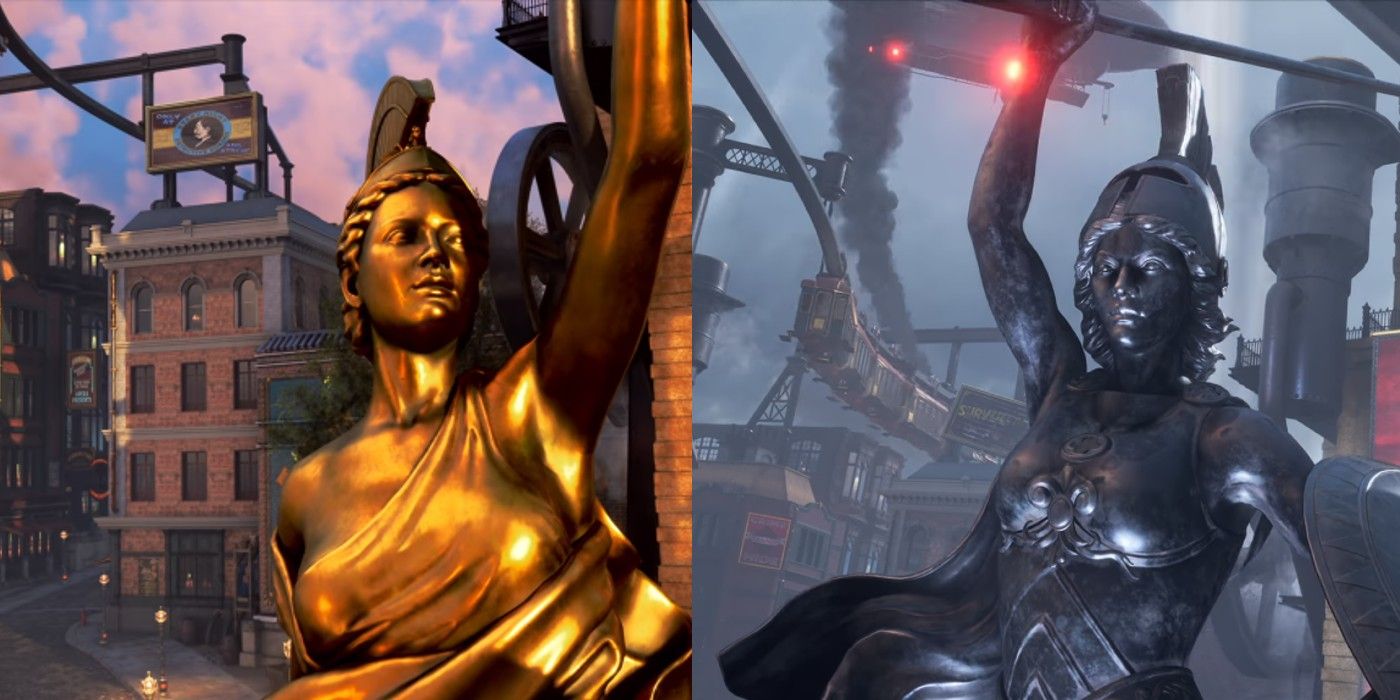 Um lado a lado de uma estátua em Clockwork Revolution mostrando a mecânica de mudança de tempo do jogo