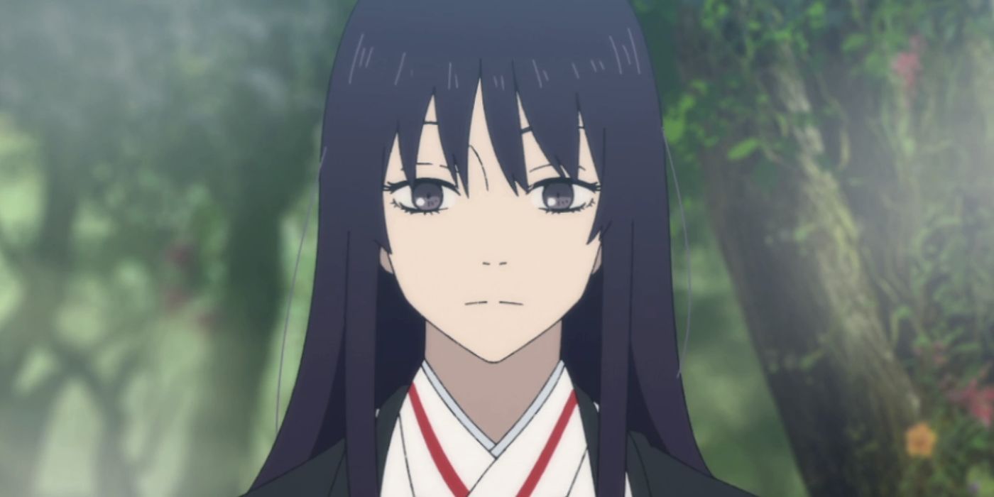 Primer plano de Toma en Hell's Paradise con una expresión inexpresiva.